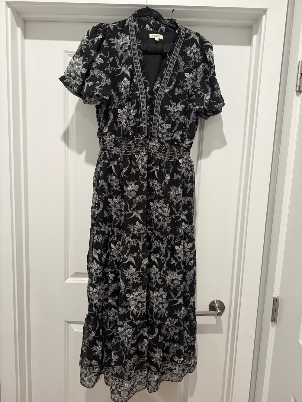Max Studio Maxi Dress Women Black Floral Ruffle Tiered Smocked Waist- Size L - Picture 7 of 9